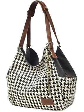 Black & Cream Houndstooth Shoulder Tote with Brown Leather Straps NWT